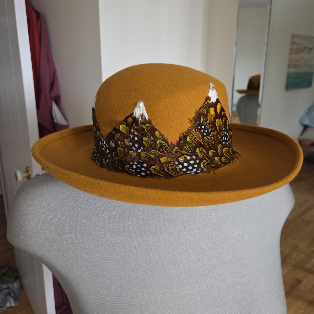 One Of A Kind Mustard Feather-Trimmed Hat By George Zamaul Large